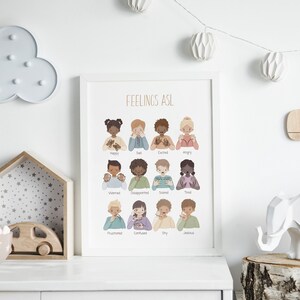 May include: A printable poster with illustrations of children signing different emotions in American Sign Language (ASL). The poster includes the words "FEELINGS ASL" at the top and the names of each emotion below each illustration. The emotions included are: Happy, Sad, Excited, Angry, Worried, Disappointed, Scared, Tired, Frustrated, Confused, Shy, and Jealous.