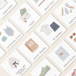 May include: A set of illustrated cards with various items needed for school, including a book, a swimsuit, a martial arts uniform, a PE uniform, a toothbrush, money, a signed form, and craft supplies. The cards are beige with black text.