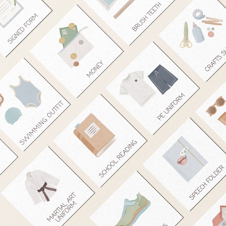 May include: A set of illustrated cards with various items needed for school, including a book, a swimsuit, a martial arts uniform, a PE uniform, a toothbrush, money, a signed form, and craft supplies. The cards are beige with black text.