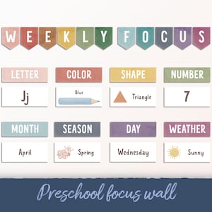 May include: A preschool focus wall with colourful banners reading "Weekly Focus." Below, cards display "Letter Jj," "Color Blue," "Shape Triangle," "Number 7," "Month April," "Season Spring," "Day Wednesday," and "Weather Sunny."