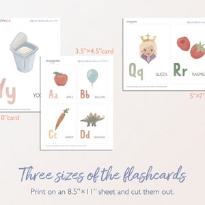 May include: Three printable alphabet flashcards in different sizes: 8x10 inches, 5x7 inches, and 3.5x4.5 inches. Each card features a letter, an illustration, and the corresponding word. The letters are in a pink font, and the words are in a brown font. The illustrations are in a watercolor style.
