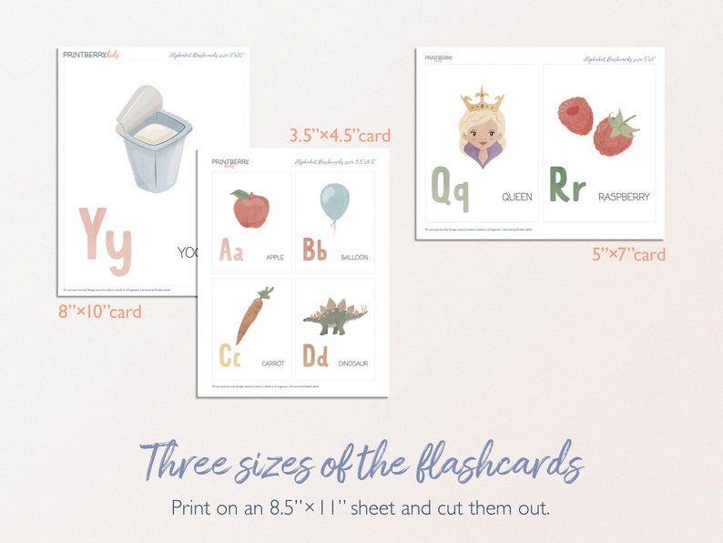 May include: Three printable alphabet flashcards in different sizes: 8x10 inches, 5x7 inches, and 3.5x4.5 inches. Each card features a letter, an illustration, and the corresponding word. The letters are in a pink font, and the words are in a brown font. The illustrations are in a watercolor style.