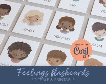 EDITABLE Emotion Flashcards, Feelings Flash Cards, Montessori Materials, Therapy Office Decor, Emotions Chart, School Counselor, DIGITAL