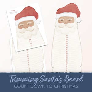 May include: Watercolor illustration of Santa Claus beard countdowns. The image features two Santa Claus beard countdowns with a red hat and white beard. The text "Trimming Santa's Beard Countdown to Christmas" is at the bottom.