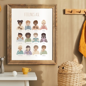 May include: A colorful chart with illustrations of children signing different emotions in American Sign Language (ASL). The chart is titled "Feelings ASL" and includes emotions such as happy, sad, excited, angry, worried, disappointed, scared, tired, frustrated, confused, shy, and jealous.