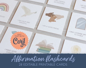 EDITABLE Affirmation Cards Printable Flashcards For Kids, Self Care Cards, DIGITAL Affirmation Cards, I Am Affirmations, School Counselor