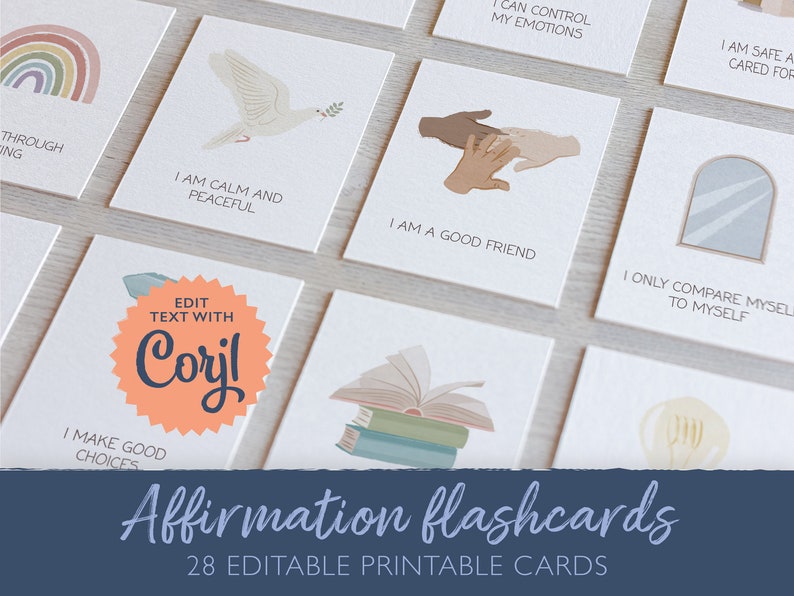May include: Set of 28 printable affirmation flashcards with colorful illustrations and positive messages. The cards are editable and can be used for self-reflection and personal growth.