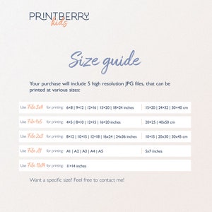 May include: A size guide for printable digital files. The guide lists five different file sizes, with corresponding measurements in inches and centimeters, for printing various sizes of images. The text "PRINTBERRY kids" appears at the top of the guide.