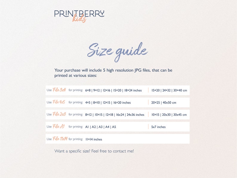 May include: A size guide for printable digital files. The guide lists five different file sizes, with corresponding measurements in inches and centimeters, for printing various sizes of images. The text "PRINTBERRY kids" appears at the top of the guide.