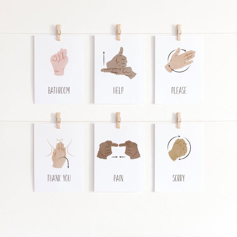 May include: Six white cards with black text and illustrations of hands signing different words. The words are "Bathroom", "Help", "Please", "Thank You", "Pain", and "Sorry".