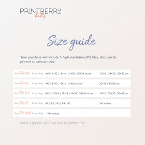 May include: A size guide for printable digital files. The guide lists five different file sizes, with corresponding measurements in inches and centimeters, for printing various sizes of images. The text "PRINTBERRY kids" appears at the top of the guide.