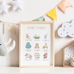 May include: A printable poster with calming techniques for children. The poster features illustrations of activities such as breathing deeply, reading a book, cuddling with a blanket, hugging a stuffed animal, playing with a calming toy, drawing a picture, counting to ten, and asking for a hug.