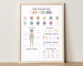 Puede incluir: Un gráfico de autocomprobación imprimible para niños que les ayuda a identificar y gestionar sus emociones. El gráfico presenta a un niño de dibujos animados, una variedad de emociones y sugerencias para ayudar a los niños a comprender sus sentimientos.