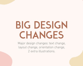 May include: A graphic design announcement with the text "BIG DESIGN CHANGES" in brown text on a white background. The text "Major design changes: text change, layout change, orientation change, 2 extra illustrations." is below the main text. The background has pink and beige abstract shapes.