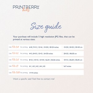 Peut inclure: Un guide des tailles pour les fichiers d'art num&eacute;rique imprimables. Le guide liste cinq tailles de fichiers diff&eacute;rentes, avec les mesures correspondantes en pouces et en centim&egrave;tres, pour l'impression. Le texte "Use File 3x4 for printing: 6x8 | 9x12 | 12x16 | 15x20 | 18x24 inches" est visible.