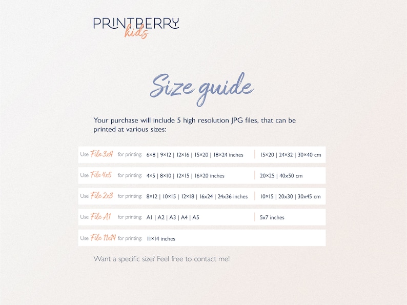 Peut inclure: Un guide des tailles pour les fichiers d'art num&eacute;rique imprimables. Le guide liste cinq tailles de fichiers diff&eacute;rentes, avec les mesures correspondantes en pouces et en centim&egrave;tres, pour l'impression. Le texte "Use File 3x4 for printing: 6x8 | 9x12 | 12x16 | 15x20 | 18x24 inches" est visible.