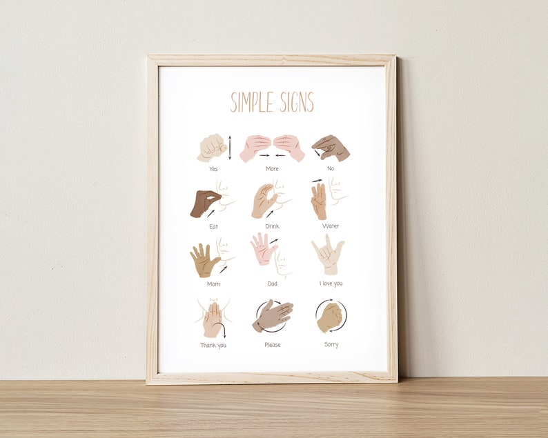 May include: A printable poster with illustrations of simple sign language gestures. The poster includes signs for "yes", "more", "no", "eat", "drink", "water", "mom", "dad", "I love you", "thank you", "please", and "sorry".