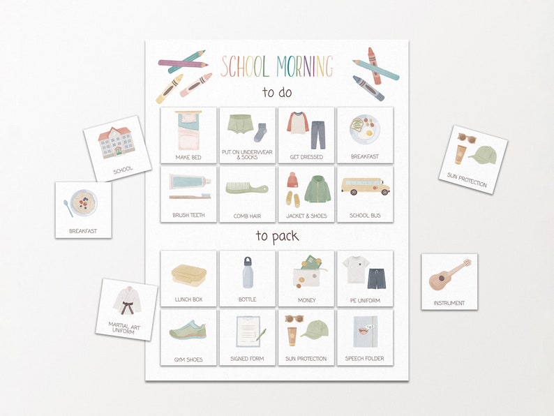 May include: A printable checklist for school mornings, with illustrations of activities to do and items to pack. The checklist includes tasks like making the bed, getting dressed, and eating breakfast, as well as packing items like a lunchbox, water bottle, and gym shoes.