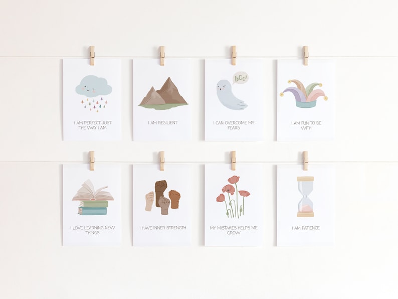 May include: Eight printable affirmation cards with colorful illustrations and positive messages. The cards feature a cloud with raindrops, mountains, a ghost, a jester's hat, a stack of books, a fist, a poppy flower, and an hourglass.