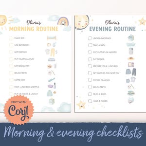 May include: Two printable checklists, one for morning and one for evening routines, with illustrations. The morning checklist includes tasks like making the bed and eating breakfast. The evening checklist includes tasks like taking a bath and reading a book.