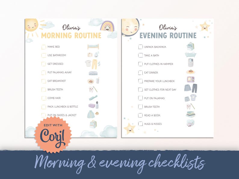 May include: Two printable checklists, one for morning and one for evening routines, with illustrations. The morning checklist includes tasks like making the bed and eating breakfast. The evening checklist includes tasks like taking a bath and reading a book.