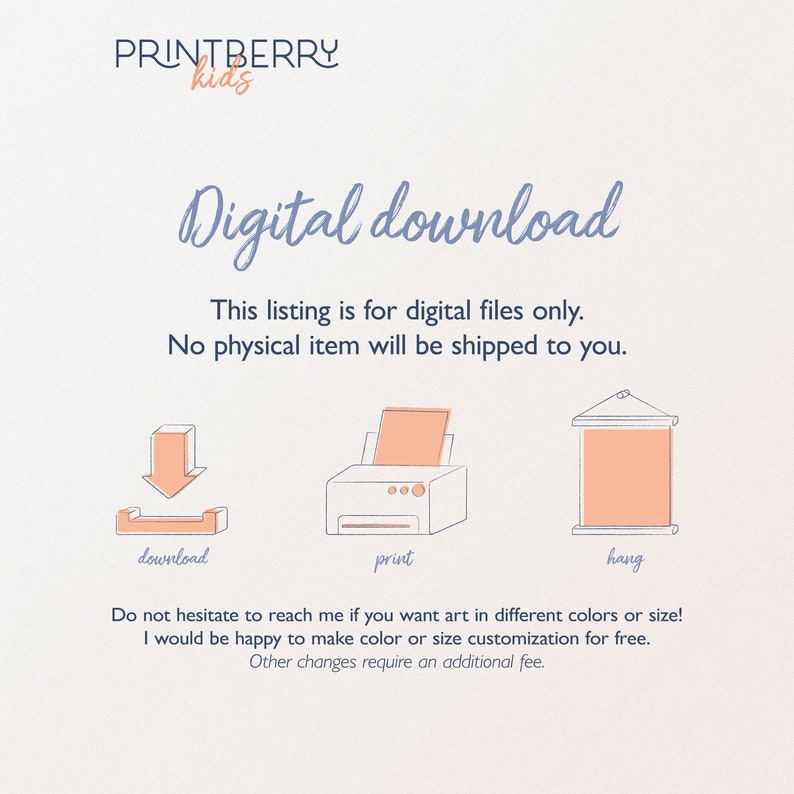 May include: Digital download graphic with a download icon, a printer icon, and a hanging icon. The text says "Digital download" and "This listing is for digital files only. No physical item will be shipped to you."