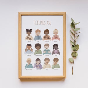 May include: A printable chart with illustrations of people signing different emotions in American Sign Language (ASL). The chart includes the words "FEELINGS ASL" at the top and the names of the emotions below each illustration, such as "Happy", "Sad", "Excited", "Angry", "Worried", "Disappointed", "Scared", "Tired", "Frustrated", "Confused", "Shy", and "Jealous".