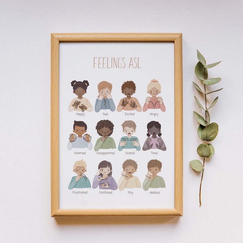 May include: A printable chart with illustrations of people signing different emotions in American Sign Language (ASL). The chart includes the words "FEELINGS ASL" at the top and the names of the emotions below each illustration, such as "Happy", "Sad", "Excited", "Angry", "Worried", "Disappointed", "Scared", "Tired", "Frustrated", "Confused", "Shy", and "Jealous".