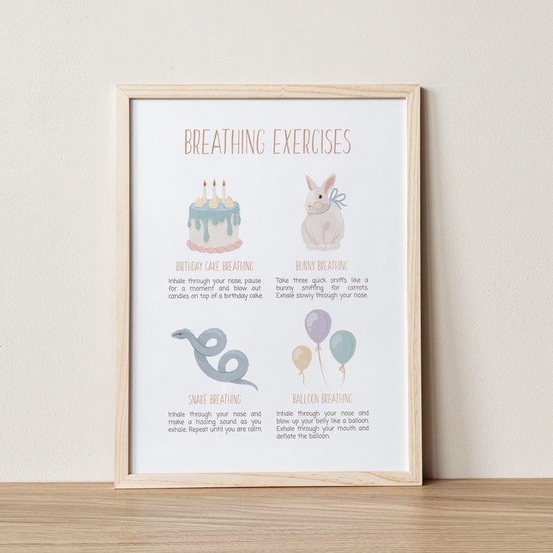 May include: A printable poster with illustrations of a birthday cake, bunny, snake, and balloon. The poster includes instructions for four breathing exercises: Birthday Cake Breathing, Bunny Breathing, Snake Breathing, and Balloon Breathing.