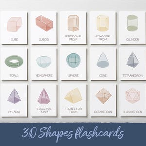 May include: Set of 15 flashcards featuring 3D shapes, including a cube, cuboid, pentagonal prism, hexagonal prism, cylinder, torus, hemisphere, sphere, cone, tetrahedron, pyramid, triangular prism, octahedron, and icosahedron. The words "3D Shapes flashcards" are written at the bottom.