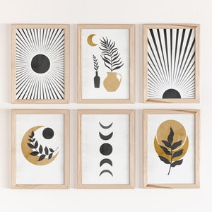 Set Of 6 Boho Prints, Black And Gold Print Art, Minimalist Gallery Wall, Sun Print, Moon Phases, Abstract Art, Botanical Poster, Mid Century