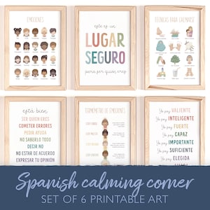 Conjunto de 6 carteles españoles de esquina calmante, estrategias calmantes, cartel de sentimientos, emociones, cartel de afirmaciones soy, decoración del aula, DIGITAL