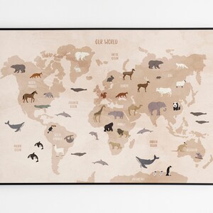May include: A beige world map with illustrations of animals from different continents. The map includes the names of the continents and oceans. The title of the map is "Our World".