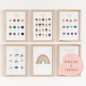Französisches und Englisches Set mit 6 Lernpostern, Montessori, Homeschool Prints, Gefühle Poster, Klassenzimmer Dekor Bundle, Spielzimmer Dekor