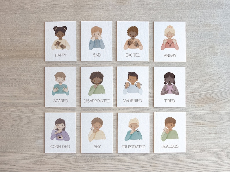 May include: Set of twelve illustrated cards depicting various emotions. Each card features a child and a corresponding emotion label: Happy, Sad, Excited, Angry, Scared, Disappointed, Worried, Tired, Confused, Shy, Frustrated, and Jealous.