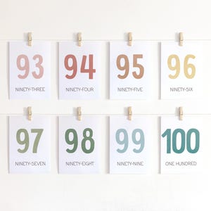 May include: A set of eight printable cards with numbers 93 through 100. Each card features a different color and the number written in a large, bold font. The cards are labeled with the number and the word for the number, such as "ninety-three" or "one hundred".