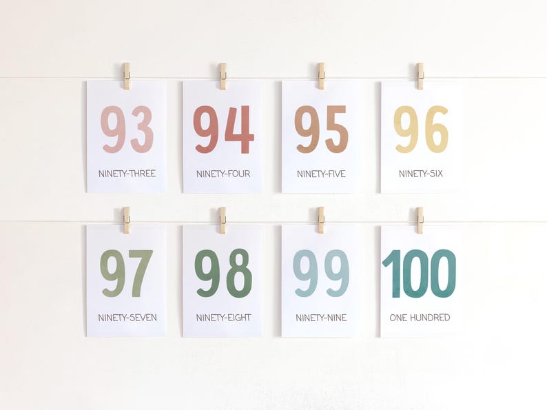 May include: A set of eight printable cards with numbers 93 through 100. Each card features a different color and the number written in a large, bold font. The cards are labeled with the number and the word for the number, such as "ninety-three" or "one hundred".