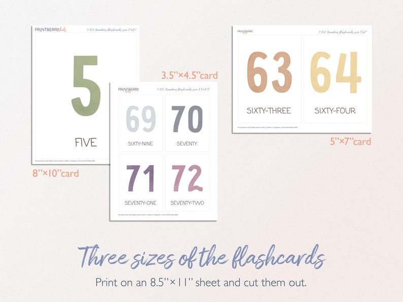 May include: Printable number flashcards in three sizes: 8x10 inches, 5x7 inches, and 3.5x4.5 inches. The numbers are written in a large, bold font with a gradient color scheme. The text "Three sizes of the flashcards" is written in blue below the cards. The text "Print on an 8.5x11 sheet and cut them out." is written in blue below the text "Three sizes of the flashcards".