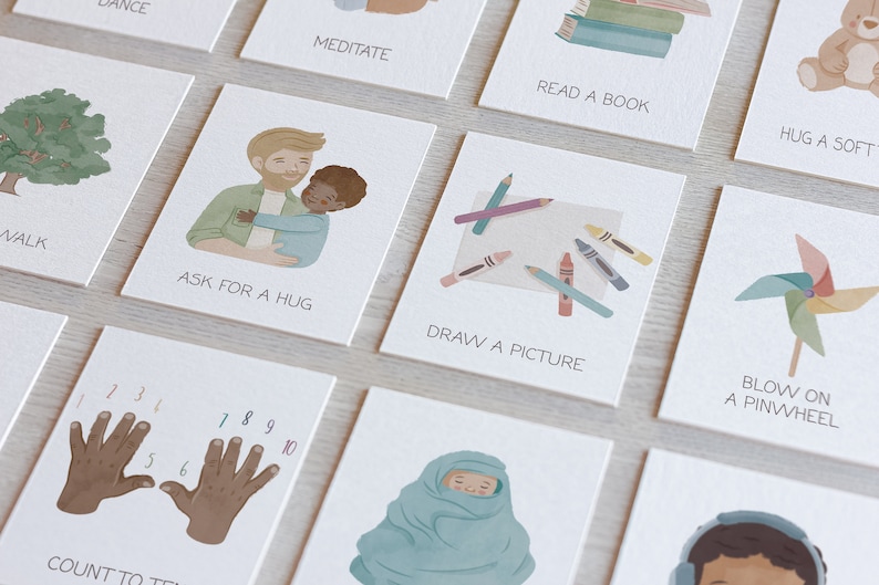 May include: A set of colorful cards with illustrations and text. The cards feature activities like meditating, reading a book, hugging a soft toy, walking, asking for a hug, drawing a picture, blowing on a pinwheel, and counting to ten.