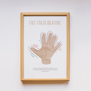May include: A printable poster with a hand illustration and instructions for five finger breathing. The poster has the words "Five Finger Breathing" at the top and includes arrows showing the direction to trace your fingers while breathing in and out.