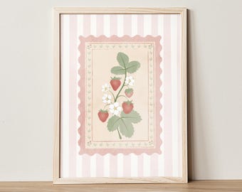 Vintage aardbeiprint: Cottagecore botanische muurkunst, decor landelijke keuken, afdrukbare kinderkamer (digitale download)
