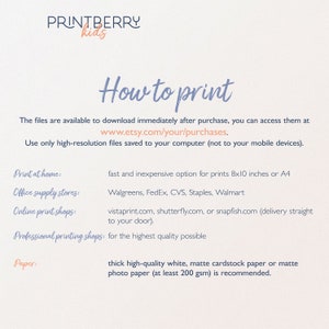 May include: How to print instructions for digital files. The text recommends using high-resolution files saved to a computer, not a mobile device. It lists options for printing at home, office supply stores, online print shops, and professional printing shops. It also recommends using thick high-quality white, matte cardstock paper or matte photo paper (at least 200 gsm).