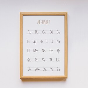 Peut inclure: Un tableau d'alphabet encadr&eacute; avec les lettres de l'alphabet &eacute;crites en minuscules, chaque lettre &eacute;tant associ&eacute;e &agrave; sa contrepartie minuscule. Les lettres sont &eacute;crites dans un style simple et manuscrit.