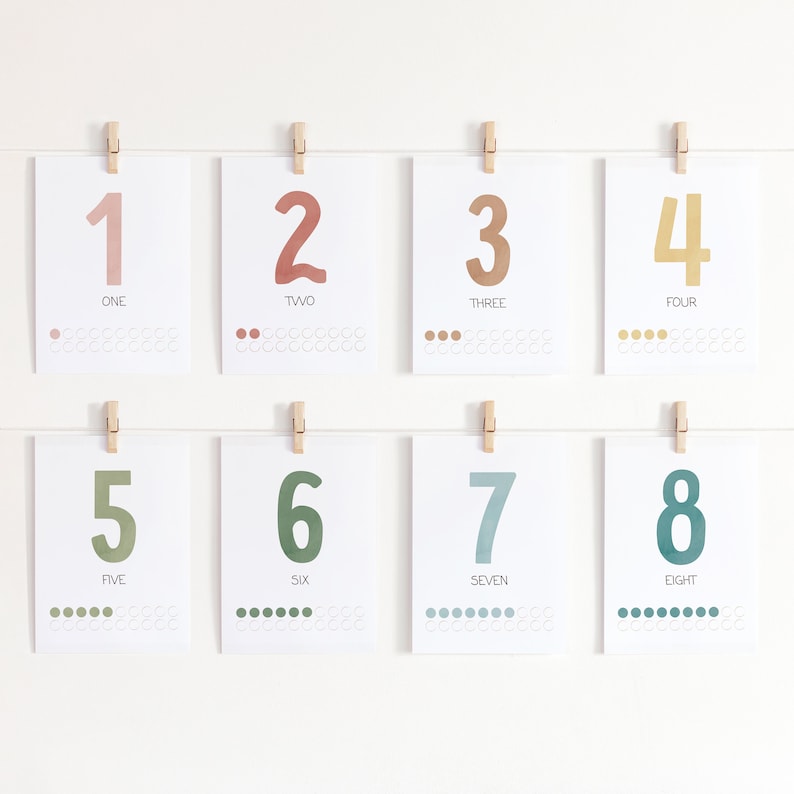 Puede incluir: Ocho tarjetas coloridas con los n&uacute;meros del 1 al 8, cada una con un color diferente y el n&uacute;mero escrito debajo. Cada tarjeta tiene una fila de peque&ntilde;os c&iacute;rculos en la parte inferior, algunos rellenos con el mismo color que el n&uacute;mero.