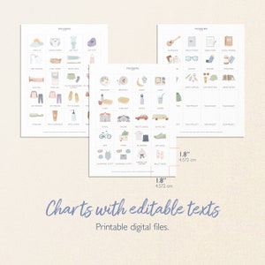 May include: Three printable charts with colorful illustrations and editable text boxes. The charts are designed to help children with daily routines, such as getting dressed, going to school, and bedtime. Each chart is 1.8 inches by 1.8 inches.