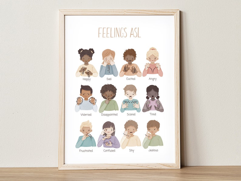 May include: A colorful chart with illustrations of children signing different emotions in American Sign Language (ASL). The emotions include happy, sad, excited, angry, worried, disappointed, scared, tired, frustrated, confused, shy, and jealous.