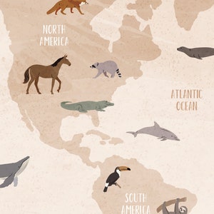 May include: A beige world map with illustrations of animals from North and South America. The map shows a horse, fox, raccoon, alligator, whale, dolphin, seal, toucan, and sloth. The text "North America" and "South America" are written on the map.