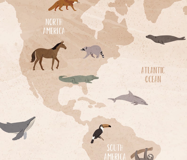 May include: A beige world map with illustrations of animals from North and South America. The map shows a horse, fox, raccoon, alligator, whale, dolphin, seal, toucan, and sloth. The text "North America" and "South America" are written on the map.