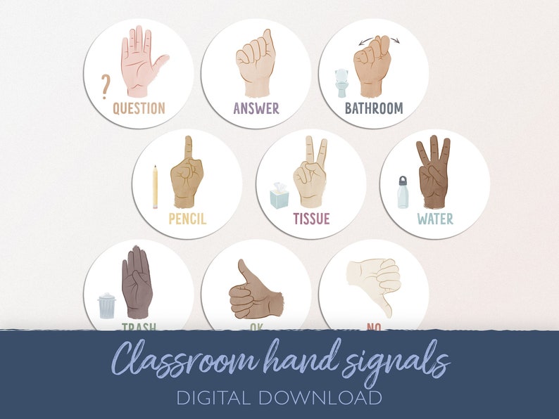 Peut inclure: Ensemble de 10 cartes illustr&eacute;es de signaux manuels pour la classe. Chaque carte pr&eacute;sente un signal manuel diff&eacute;rent et un mot correspondant, comme "question", "r&eacute;ponse", "toilettes", "crayon", "mouchoir", "eau", "poubelle", "ok", et "non".