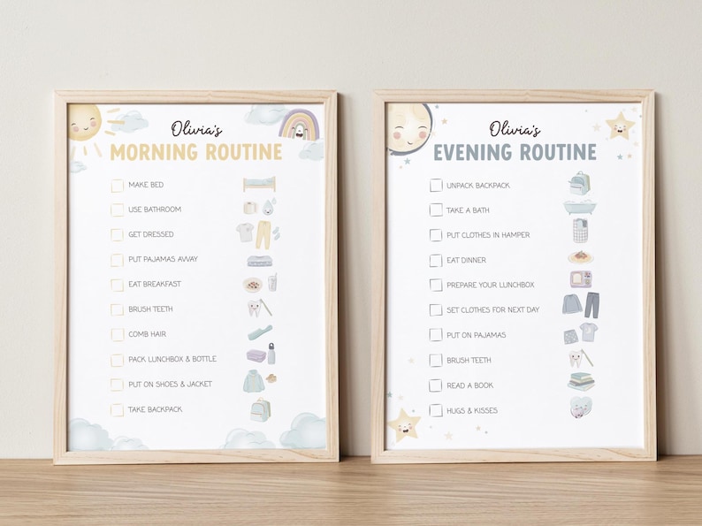 May include: Two framed prints with a light wood finish. The left print says "Olivia's Morning Routine" and the right print says "Olivia's Evening Routine". Each print has a checklist with illustrations of daily activities, such as brushing teeth and eating breakfast.